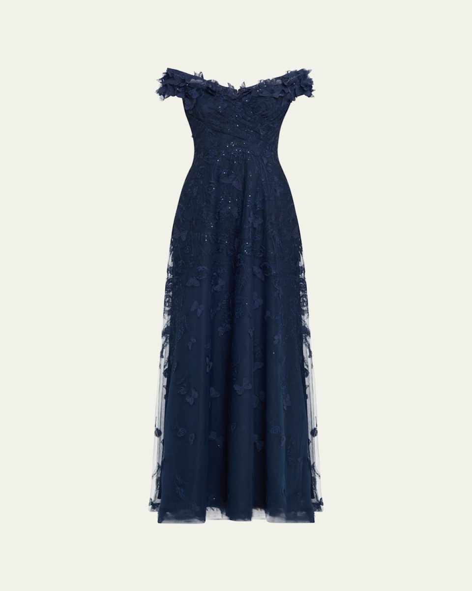 Off-Shoulder Floral-Embroidered Tulle Gown